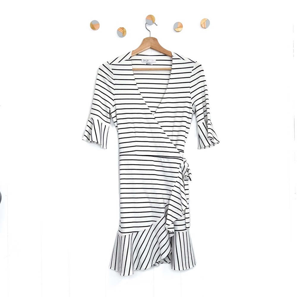 Saylor + Free People Chaser Mini Dress Wrap Ribbed Stripe Ruffle